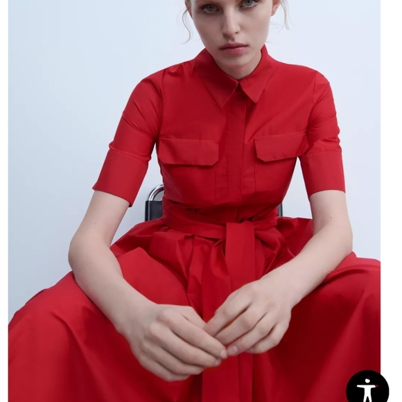 Zara Red Notched Collar Short Sleeve Midi Dress - Picture 2 of 4